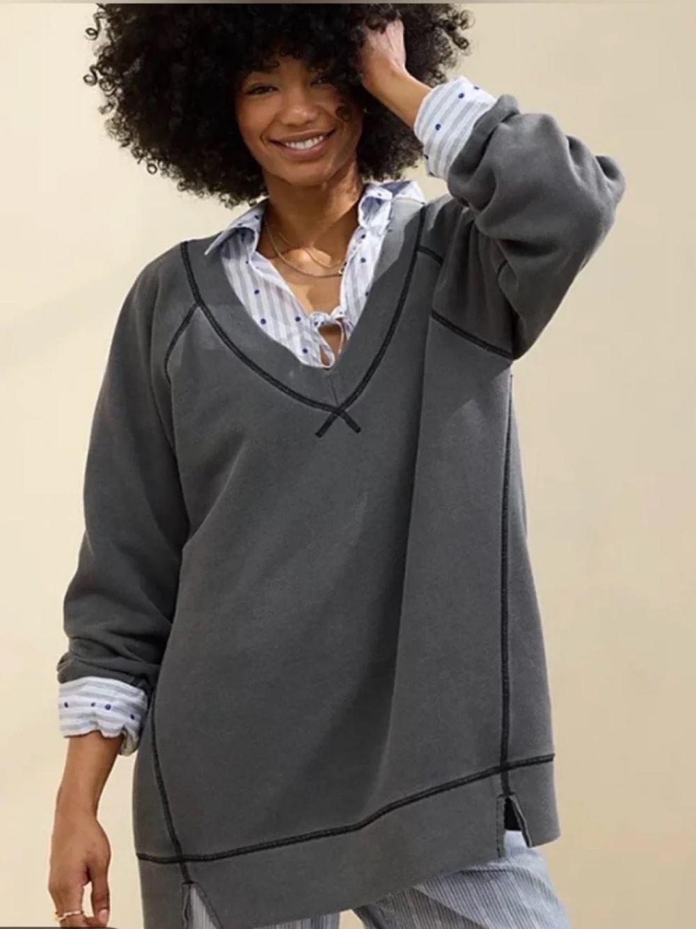 Aerie Downtime Grey Oversized Pullover Sweater Textured Waffle Knit Size M Boho